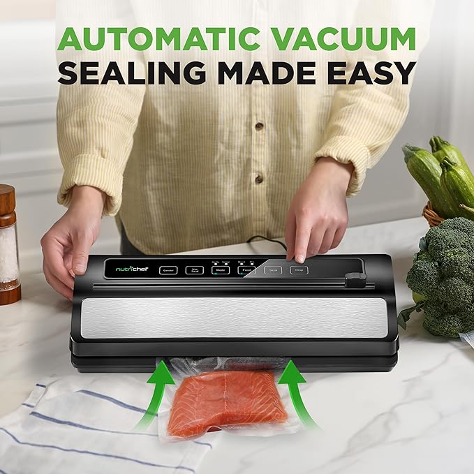 NutriChef Vacuum Sealer | Automatic Vacuum Air Sealing System For Food Preservation w/ Starter Kit | Compact Design | Lab Tested | Dry & Moist Food Modes | Led Indicator Lights (Black), EWE