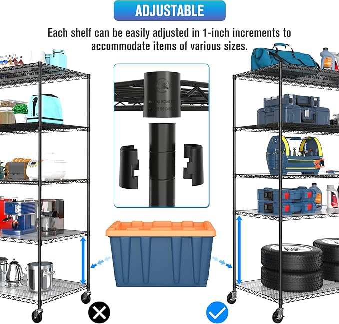 5 Tier NSF Wire Shelf Shelving Unit, 24 x 60 x 82 Inch 7500lbs Capacity Heavy Duty Adjustable Storage Metal Rack with Wheels/Leveling Feet & Shelf Liners, Ideal for Garage, Kitchen, and More - Black