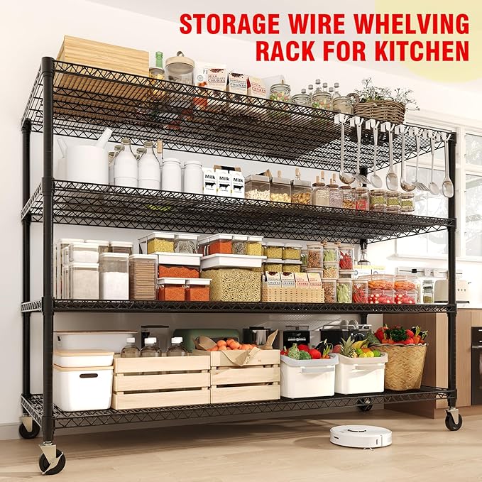 59" W Storage Shelves 2640LBS Heavy Duty Garage Shelving Units with Wheels and Adjustable Shelf, 4-Tiers Wire Shelving Rack for Garage Pantry Kitchen Warehouse Industrial
