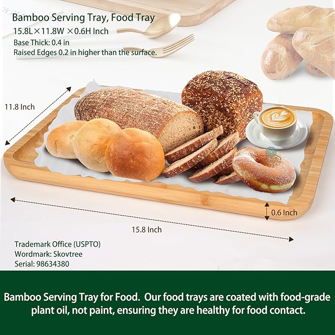 Skovtree Bamboo Serving Tray, Food Tray for Eating and Serving Coffee, Tea, 15.8x11.8 Inch