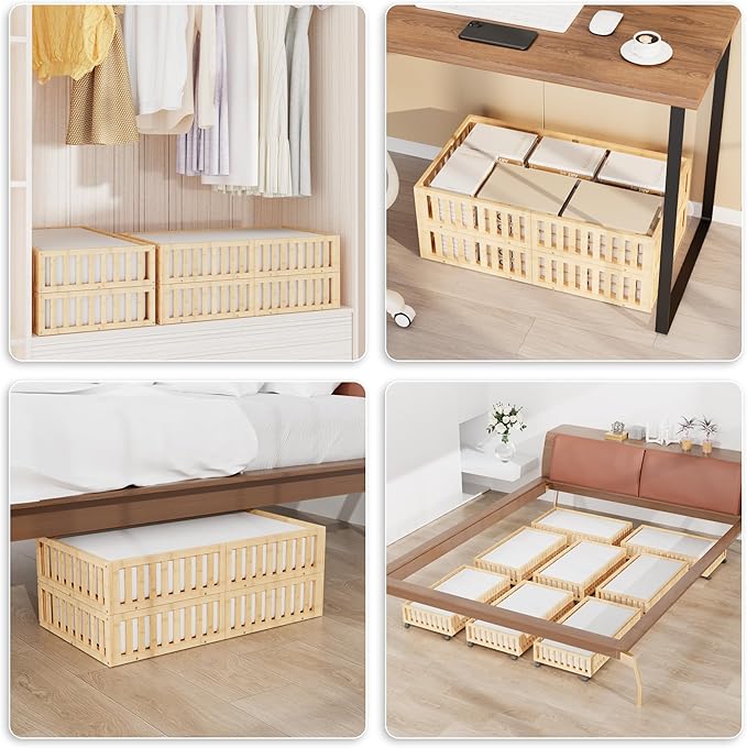 Bamboo Under Bed Storage with Wheels,Rolling Underbed Shoe Organizer Box for Shoes,Blankets,Toys,Clothes Container Space-Saving Bins for Bedroom,Closet,Dorm,Nursery
