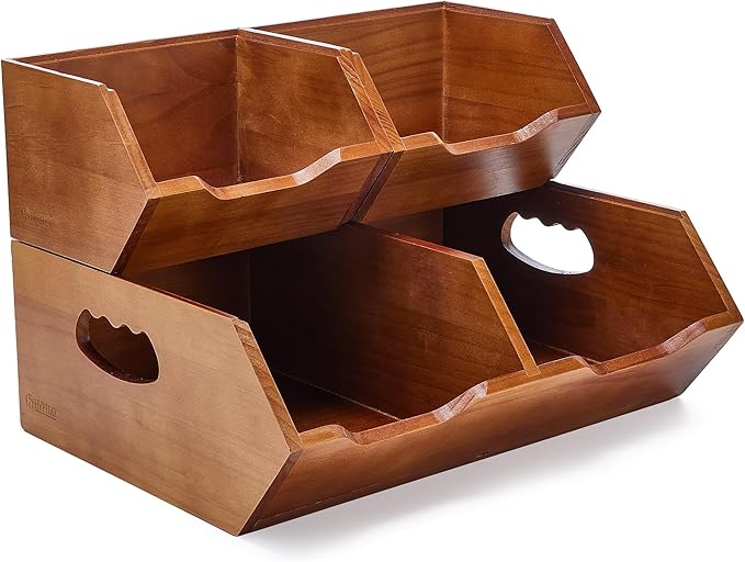 Wood Pantry Storage Bins, Stackable Large Capacity Potato and Onion Storage Baskets, Kitchen Pantry Organizers for Vegetables, Bread, Spices (Set of 3)