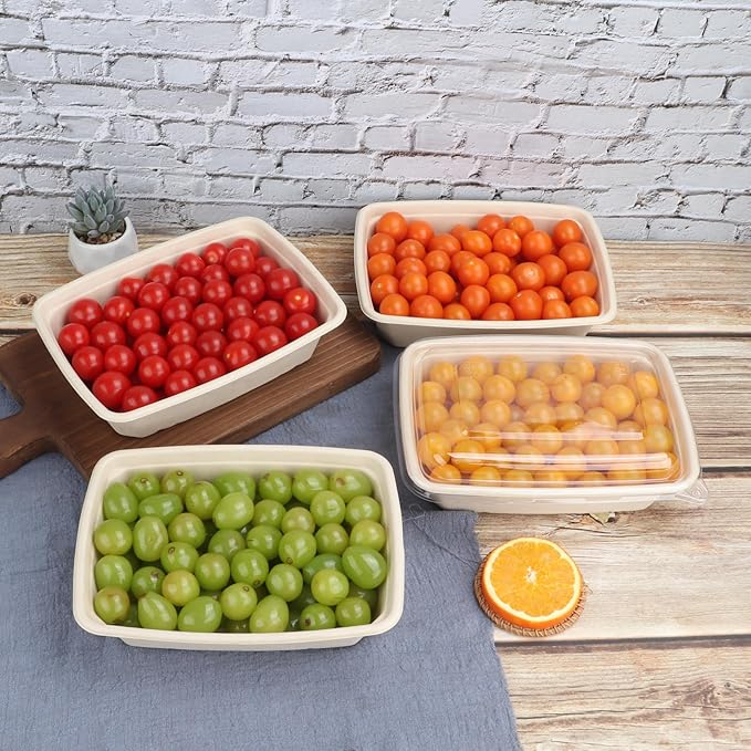 JAYEEY 40 oz Rectangle Disposable salad bowls with lids, Sugarcane Fibers Bowls take away food containers Plant Fibers Freezer Safe 50 Pack