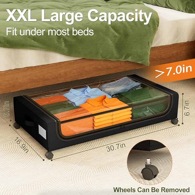 GoMaihe Under Bed Storage with Wheels: XXL Underbed Storage Containers with Clear Lids - Rolling Drawers & Bins for Shoes Clothes in Dorm Bedroom - Space-Saving Easy Pull-out Black 4-Pack