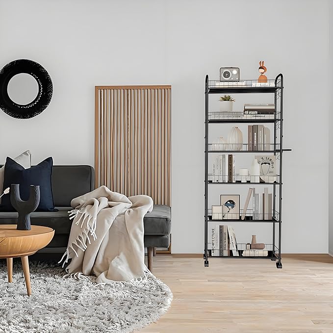 6in 6 Tier Slim Storage Cart with Wheels, Narrow Space Rolling Shelving Unit with Handle, Metal Wire Mobile Organizer Rack for Kitchen Bathroom Office Laundry