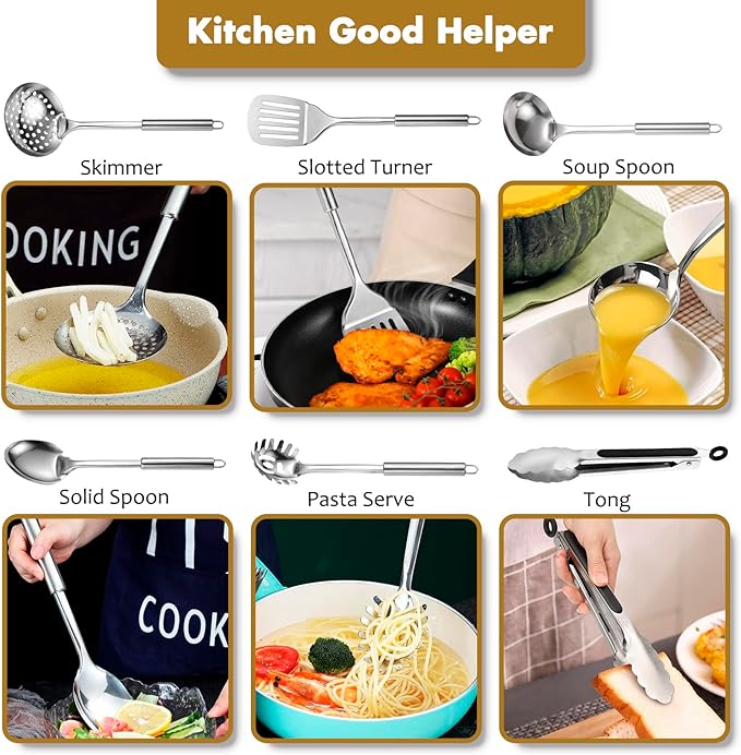 Stainless Steel Cooking Utensils Set, 25pcs Kitchen Utensils Set with Holder, Heat Resistant Kitchen Utensils Sets for Cooking with Turners, Potato Masher, Skimmer, Spoons, Tongs, Whisk