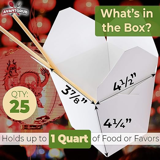 Recyclable, Leakproof 32oz Chinese Take Out Boxes 25pk. US-Made Large Microwavable Takeout Containers are BPA-Free. Stackable to-Go Pails Keep Food Fresh. Great for Wedding, Party, Asian Restaurant