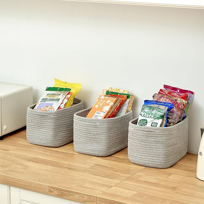 R RUNKA Small Cotton Rope Basket – Storage Bin for Organizing (10.6" x 6.7" x 6.7"), Bathroom Storage Basket for Shelf, Counter & Closet（Grey）
