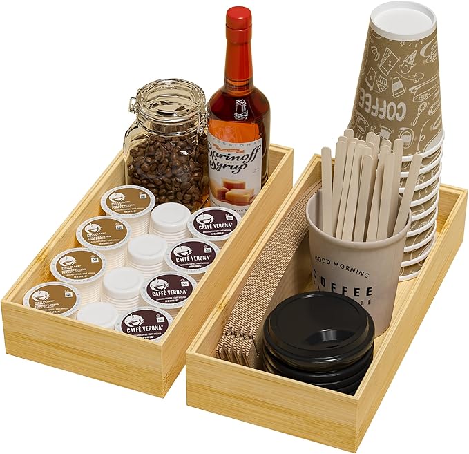 Greatseas Kitchen Drawer Organizer Bins, Stackable Bamboo Drawer Organizer for Silverware, Flatware, Coffee Pod Organizer K Cup Holder for Countertop, 2 Pcs Coffee Station Organizer 12" x 6" x 2.5"