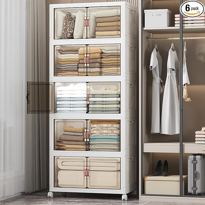 Extra Large Stackable Storage Bins with Lids & Wheels & Door, 560QT-112QT/28GAL*5Pack Foldable Collapsible Closet Organizers, Plastic containers drawers for bedroom Dorm