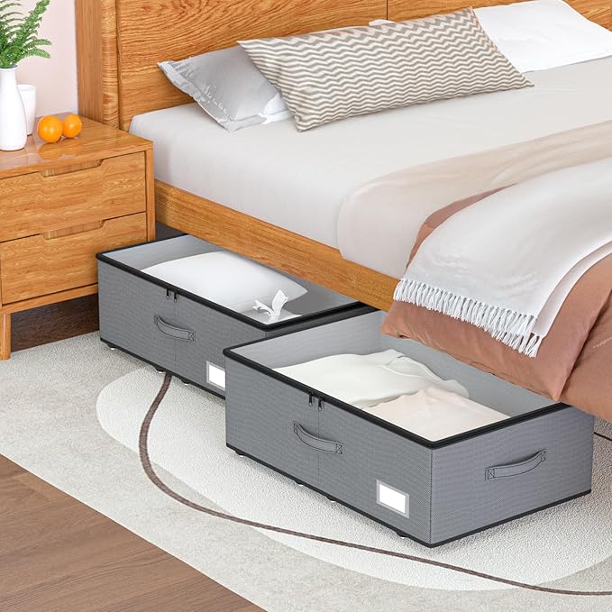 Under Bed Storage with Wheels, No Assemble Required 10 inches height Under Bed Storage bins,Large capacity Rolling Underbed Shoe Storage containers，dorm underbed storage drawers