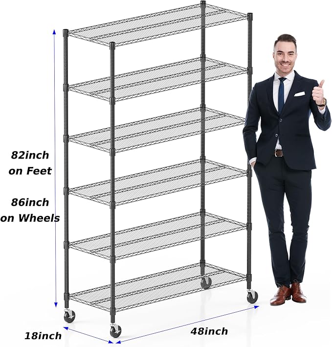 Homdox Heavy Duty Storage Shelves, 6 Tier Wire Shelving Unit with Wheels, Commercial Adjustable Metal Shelves for Storage, Garage Rack Pantry Shelves Kitchen Shelving, 18"x48"x82", Black