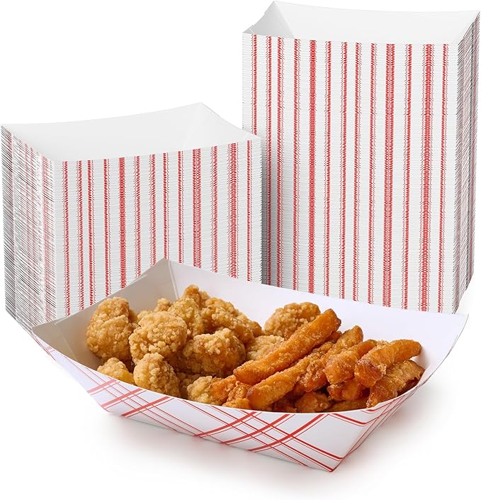 ECOLipak 250 Pack 3lb Paper Food Tray Red, Disposable Paper Food Boats, Food Holder Trays, Serving Boats for Taco Snack Dessert Nacho Hot Dog