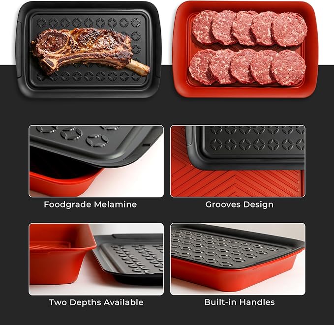 TP Deep Grilling Prep and Serve Trays, 18 x 12 inch BBQ Trays for Cooked and Raw Foods, Set of 2 Melamine Serving Platters for Meats, Grill Accessories, Black and Red