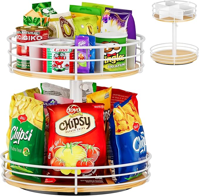 HISKIWUU Snack Organizer with Adjustable Height and 360°Rotation, 2 Tier Lazy Susan Snack Storage Holder for Countertop Office Home Breakroom, White