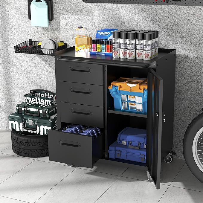BIZOEIRON Metal Storage Cabinet with Wheels, Garage Storage Cabinet with 1 Door and 4 Drawer, Rolling Tool Cabinet, Assembly Required, Black