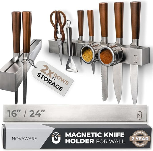 NOVAWARE Double Capacity 24" Magnetic Knife Holder - Stainless Steel, Modern Style - Safe, Patented Design - Holds Over 25 Knives & Utensils - Kitchen Use