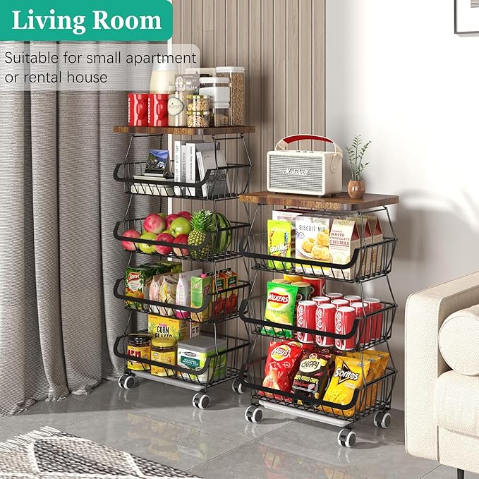 Fruit Basket with Wooden Lid for Kitchen, 4-Tier Stackable Wire Fruit Vegetable Storage Basket Organizer Stand on Wheel, Produce Basket Potato Onion Storage Bins Rack Cart for Pantry