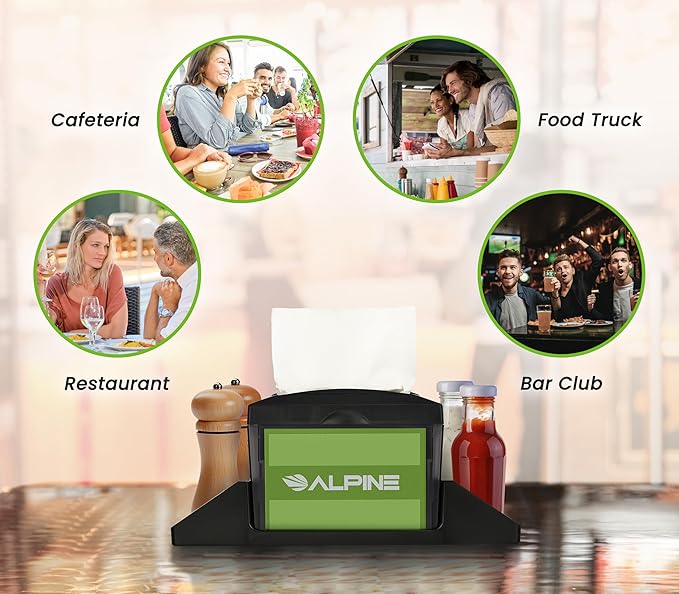 Alpine Tabletop Commercial Napkin Dispenser Restaurant Napkin Holder for Interfold Napkins with Condiment Holder & 2 Side Marketing Space Insert for Restaurants, Cafeterias, Food Trucks, Clubs - Black