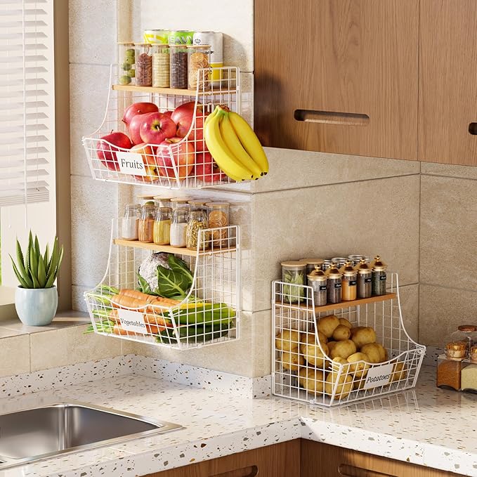 3 Pack Hanging Fruit Basket for Kitchen with Wood Lid - Onion and Potato Storage Fruit Bowl with Nameplate for Counter&Wall Mounted, Stackable Storage Basket, Metal Hanging Wire Baskets White