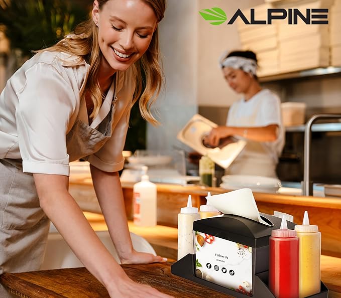 Alpine Tabletop Commercial Napkin Dispenser Restaurant Napkin Holder for Interfold Napkins with Condiment Holder & 2 Side Marketing Space Insert for Restaurants, Cafeterias, Food Trucks, Clubs - Black