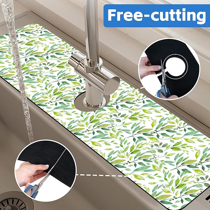 Tropical Eucalyptus Leaves Kitchen Sink Splash Guard Mat Absorbent Fast Drying Mat Faucet Draining Mat Sink Splash Guard Behind Faucet Drip Catcher for Kitchen Bathroom 5.5"×24"