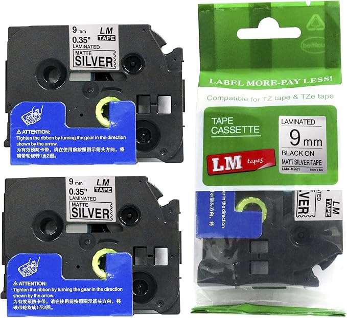 2/Pack LM Tapes - LMeM921 Premium 3/8" Black Print on Matte Silver Label Compatible with P-Touch TZeM921 Tape and Includes Tape Color/Size Guide. Replaces Ptouch TZM921 9mm 0.35 Laminated.