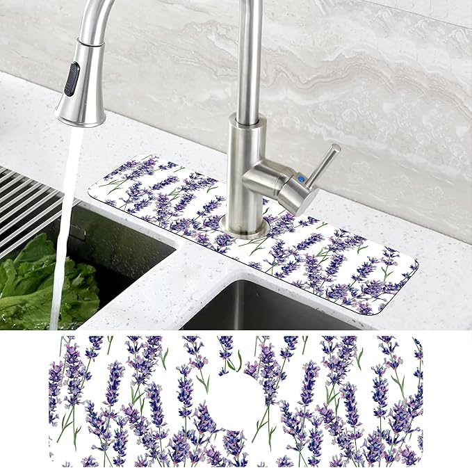 Watercolor Lavender Bunches Kitchen Sink Splash Guard Mat Absorbent Fast Drying Mat Faucet Draining Mat Sink Splash Guard Behind Faucet Drip Catcher for Kitchen Bathroom 5.5"×15"