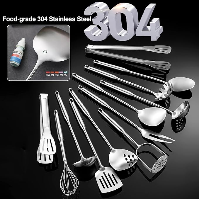 NIITAWH Stainless Steel Kitchen Utensils 12 Pcs, Small Cooking Utensils Set,Spatulas,Ladle,Skimmer,Tunners,Serving Spoon,Spaghetti Spoon,Fork,Potato Masher,Egg Whisk,Tongs,Dishwasher Safe