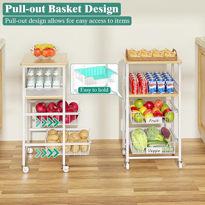 Giwil Vegetable Fruit Basket for Kitchen Pantry Organizers Storage, 4-Tier Utility Rolling Cart on Wheels with Wood Rack and Drawer Wire Baskets for Onions Potatoes Snacks, White
