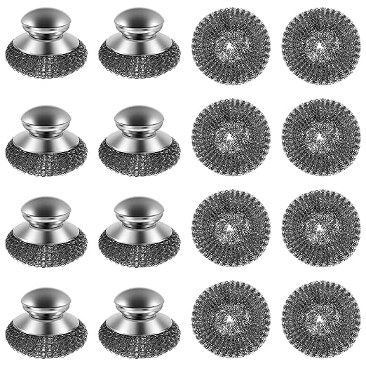 16 Pack Steel Wool Scrubber with 8 PCS Replacement Wire Pads Set, Replaceable Steel Pot Scrubber, Non Scratch Dish Sturdy, for Cleaning Pots, Pans, Grills, Sink