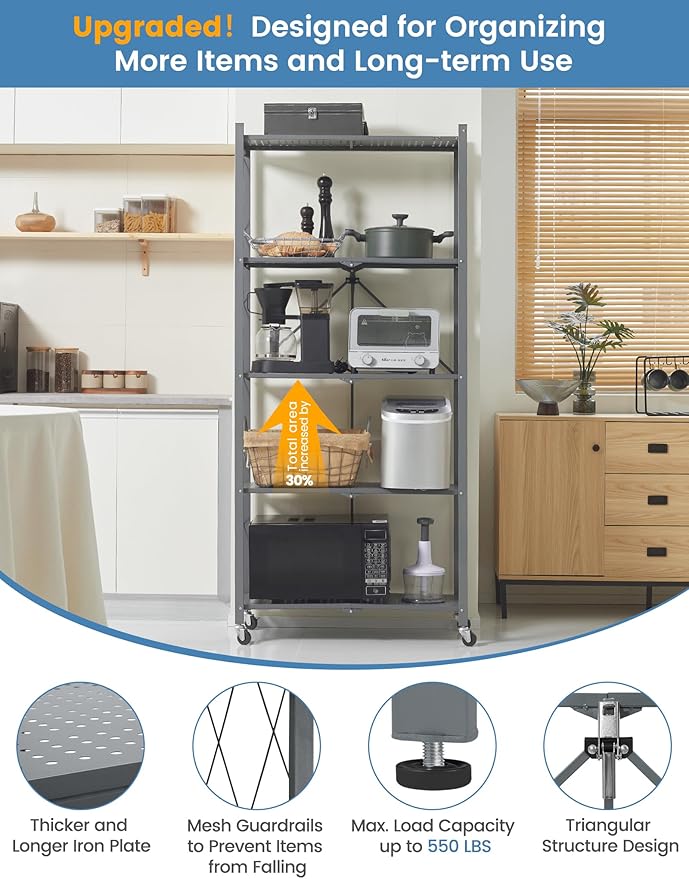 ALANNG 70.7" H Metal Storage Shelves, 5 Tier Folding Shelf on Wheels, Heavy Duty, No Assembly, Rolling, Collapsible Rack Unit for Kitchen, Basement, Pantry (Gray,4 Pack)