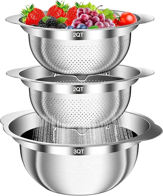 Stainless Steel Colander, 3Pcs Strainer for Kitchen Food with Handle Kitchen Gadget Food Strainer Basket for Washing Vegetables, Fruits, Rice, and Pasta, (2+2QT Colander + 3QT Mixing Bowl)