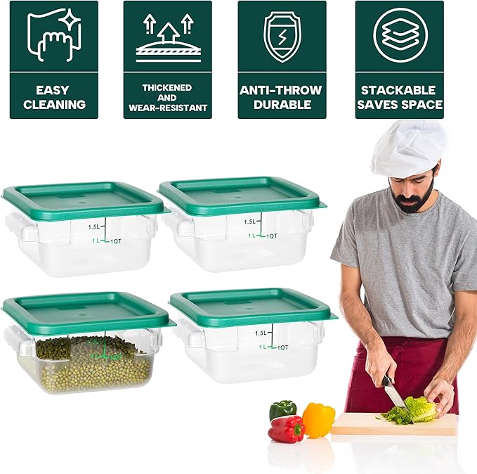 BIEAMA 4 Pack Food Storage Containers, 2 Quart with Lids, Square Commercial Containers with Scale, NSF, Polycarbonate, Clear