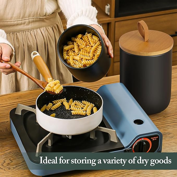 Canisters Sets for the Kitchen, 2 Large Kitchen Canister with Airtight Top Handle, Ceramic Canisters for Kitchen Counter, Black canisters, Modern Ceramic Jar with Wooden Lid for Coffee Flour