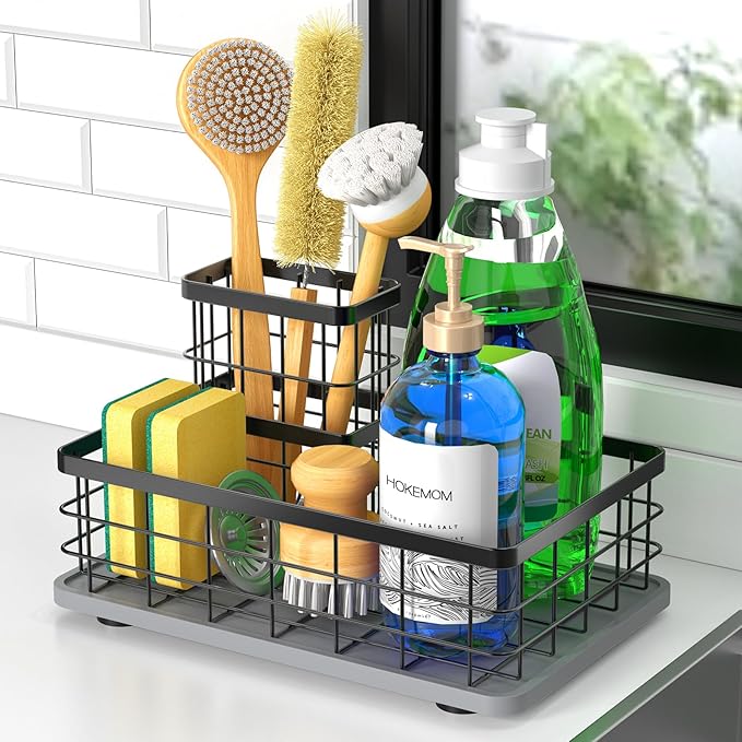 Large Family-Sized Sponge Holder for Kitchen Sink, Sink Caddy Organizer with Brush Holder - Drain-Free Non-Slip Base, Stainless Steel with Rust-Resistant Coating-10.24" L x 6.5" W x 5.83" H