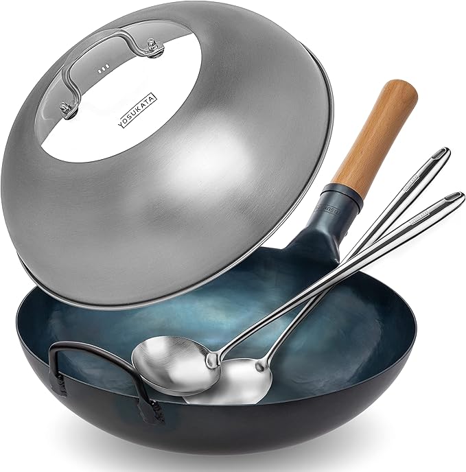 YOSUKATA Flat Bottom Wok Pan - 13.5" Blue Carbon Steel Wok + 17’’ Spatula and Ladle - Set of 2 Heat-Resistant Tools + Wok Lid 12.8 Inch