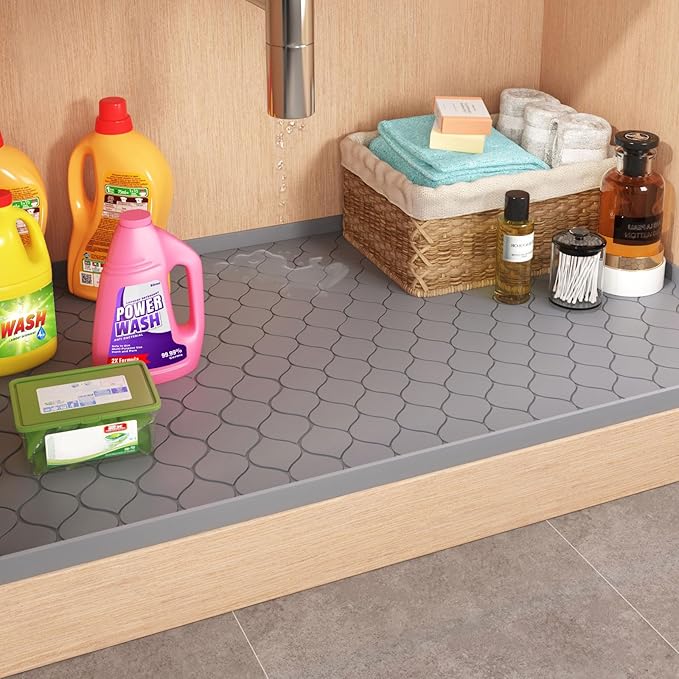 Silicone Under Sink Mat 31" x 19", kitchen Essentials and Gadgets, Shelf liner and Cabinet Protector, Home Organizers and Storage, Waterproof Bathroom Tray