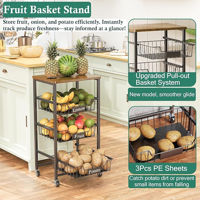 4-Tier Small Kitchen Storage Cart on Wheels, Metal Fruit Basket Stand with Pull-Out Baskets & Wood Top for Potato Onion Produce Snack Veggies