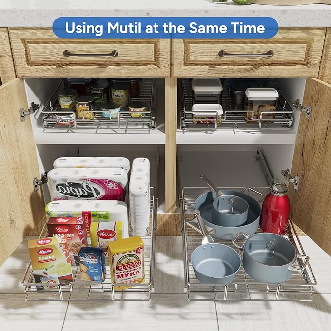 ROOMTEC Pull Out Cabinet Organizer, Slide Out Shelves 31" W x 21" D, Heavy Duty Kitchen Cabinet Organizers, Neutral