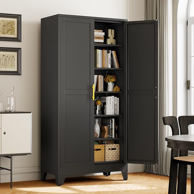 Tall Metal Kitchen Pantry Storage Cabinet with 2 Doors and 5 Adjustable Shelves - 75.2" Kitchen Cabinet with Gold Handles for Kitchen, Bathroom, Dining Room, Living Room - Black