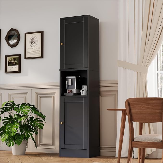 YAUWOH 2-Door Metal Storage Cabinet, Tall Slim Pantry Organizer with 3 Adjustable Shelves (120LBS/Shelf), Anti-Tipping Waterproof Cabinet for Bathroom/Kitchen/Home Office/Small Spaces, (1PC,Black)