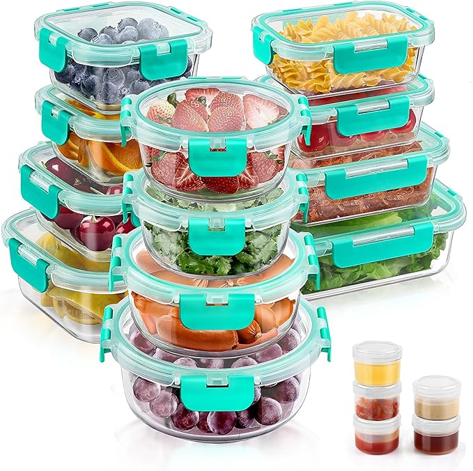 34pcs Glass Food Storage Containers with Lids Set, Airtight Glass Meal Prep Containers (17 Containers & 17 Lids), Leak Proof Lunch Container BPA-Free, Microwave, Oven, Freezer, Dishwasher Safe-Green