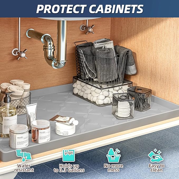 SIKADEER 28" x 22" Under Sink Mat Waterproof, Silicone Mat Kitchen Drawer Shelf and Cabinet Liner, Sink Protector for Kitchen Organizers and Storage, Boot Tray Pet Food Mats