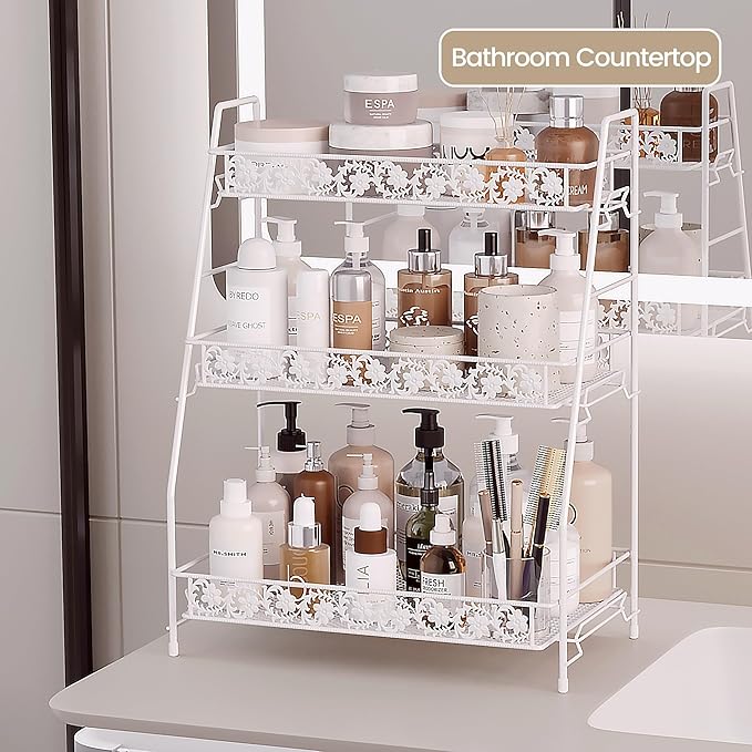 IBEDMAZIE 3-Tier Large Size Storage Rack,Counter Organiztion for Bathroom Countertop Organizer Shelf for Spice Racks for Kitchen/Sink/Bedroom/Living room/Office/Plant Rack with Two Metal Baskets