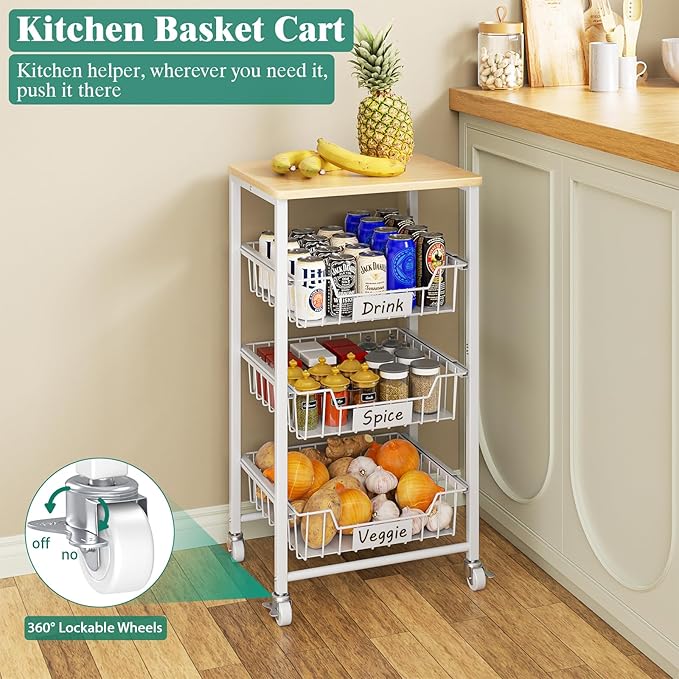 Giwil Vegetable Fruit Basket for Kitchen Pantry Organizers Storage, 4-Tier Utility Rolling Cart on Wheels with Wood Top and Drawer Wire Baskets for Onions Potatoes Snacks, White