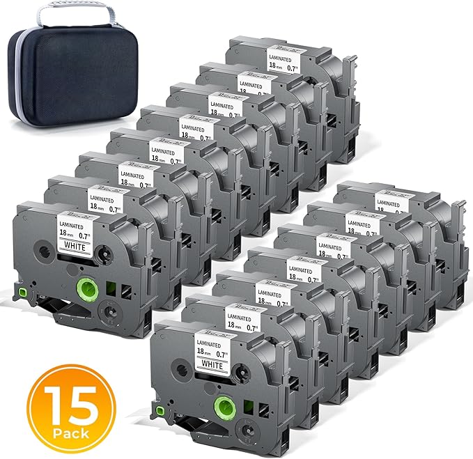 Replace for Brother Label Maker Tape 18mm 0.7 Inch Tz Laminated White with Bag TZe-241 TZe241 P-Touch Black on White for PTD410 PTD400 PTD610BT PTD600 PTP700BT Refill, 18 mm(3/4 Inch) x 8m, 15 Pack
