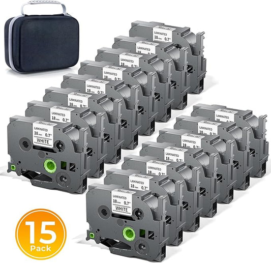 Replace for Brother Label Maker Tape 18mm 0.7 Inch Tz Laminated White with Bag TZe-241 TZe241 P-Touch Black on White for PTD410 PTD400 PTD610BT PTD600 PTP700BT Refill, 18 mm(3/4 Inch) x 8m, 15 Pack