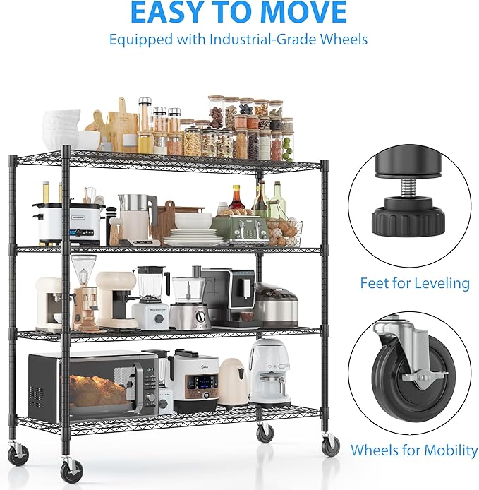 Homdox Heavy Duty Metal Shelves for Storage, 4 Tier Storage Racks and Shelving, Commercial Adjustable Wire Shelving Unit on Wheels, Garage Rack Pantry Shelves Kitchen Shelving, 18"x48"x72", Black