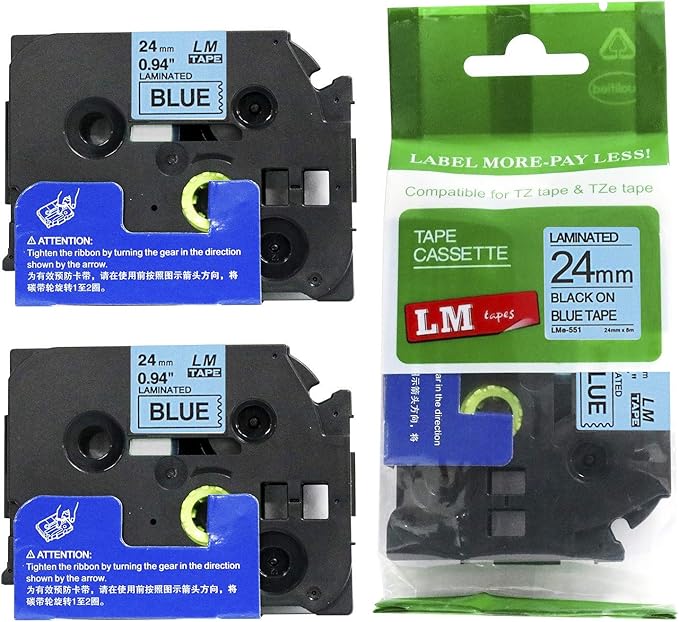 2/Pack LM Tapes - LMe551 Premium 1" Black Print on Blue Label Compatible with Brother TZe-551 P-Touch and Includes Tape Color/Size Guide. Replaces TZe551 24mm 0.94 Laminated